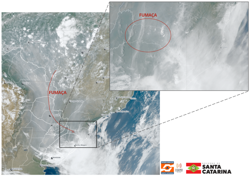 Figura: Imagem do satélite Goes-16 às 15h10 do dia 23 de setembro de 2024. Fonte: CPTEC/INPE, adaptado por SDC/SC